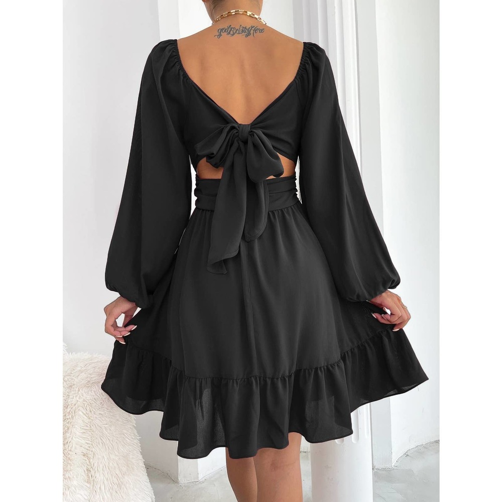 square neck long sleeve Knot Back Lantern Sleeve Ruffle Hem Dress black - Picture 2 of 11